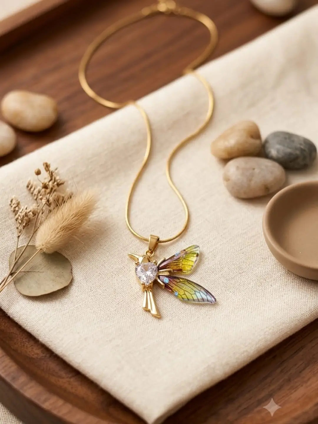Fairy Wing Heart Crystal Necklace | Gold-Tone Pendant for Women