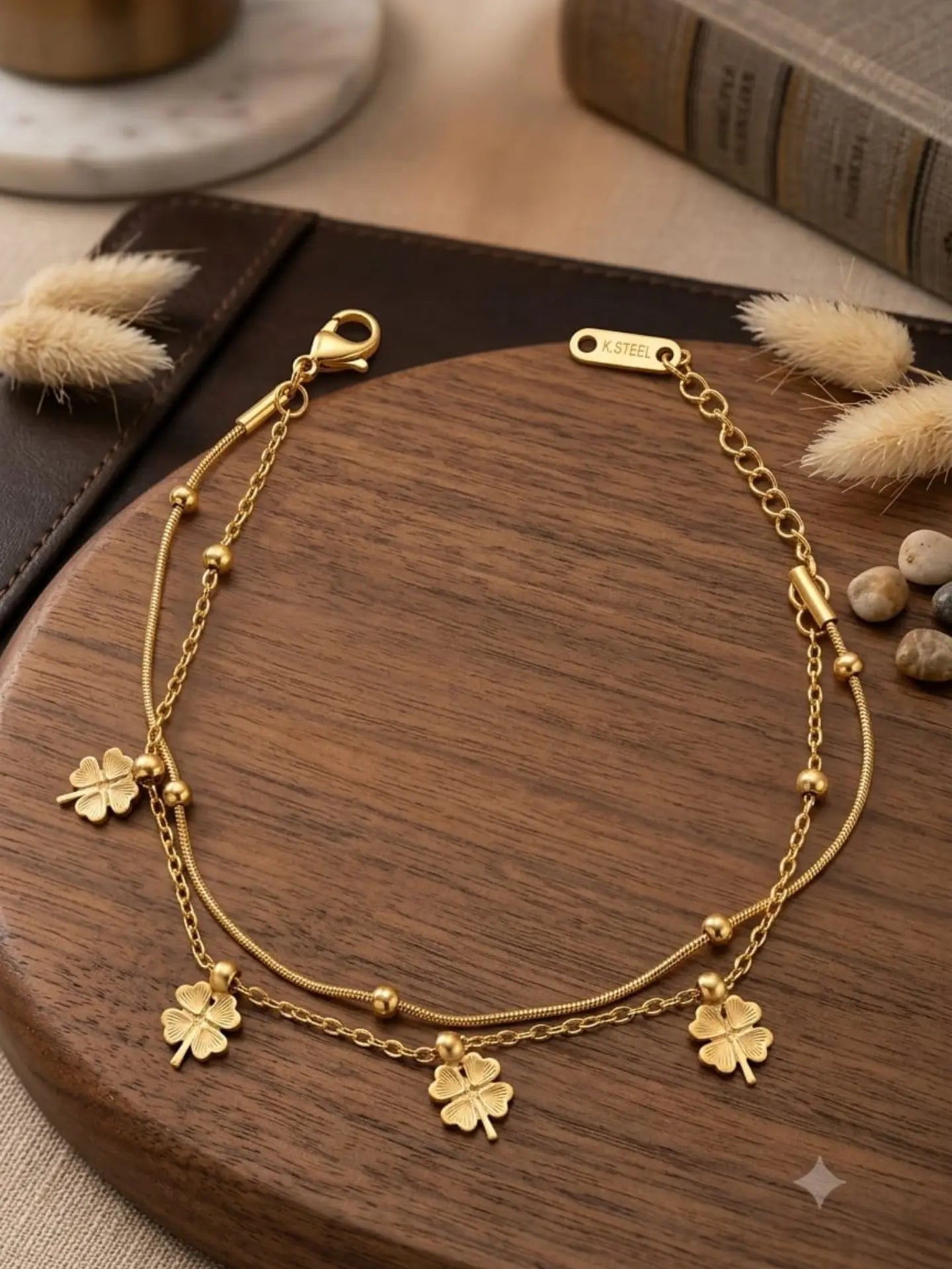 Lucky Four-Leaf Clover Gold-Plated Layered Chain Bracelet for Women