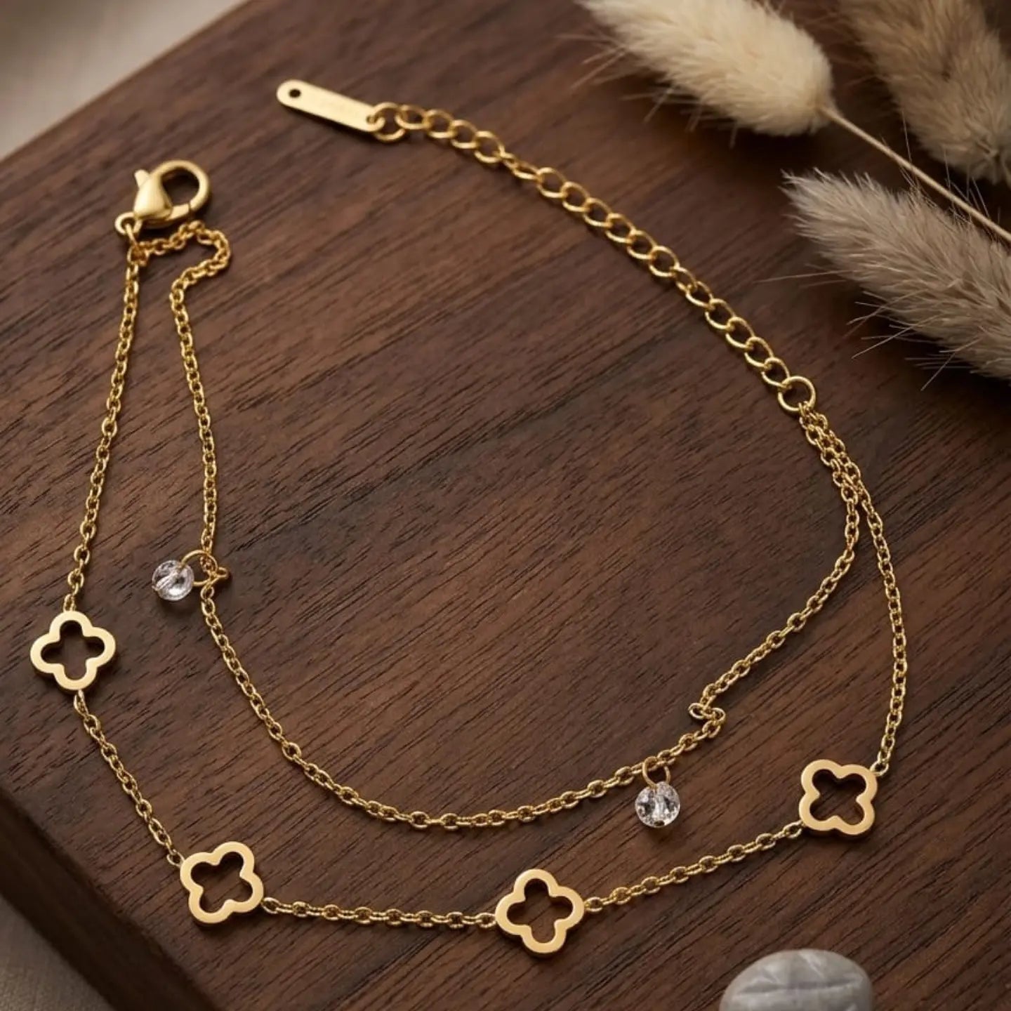 Luxury Double Layer Clover Chain Bracelet with Crystal Charms