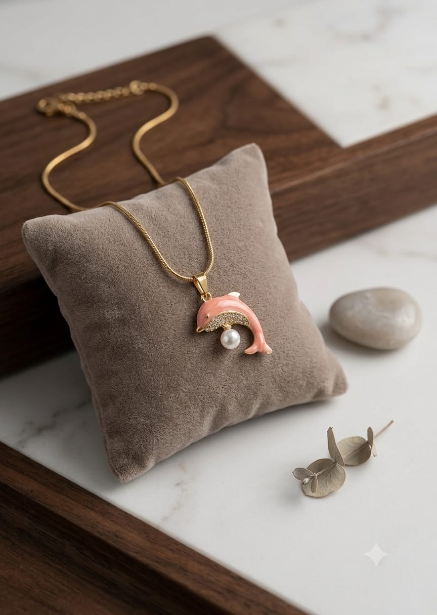 Cute Pink Dolphin Pearl Pendant Necklace | Gold-Plated Ocean-Inspired Necklace for Women & Girls