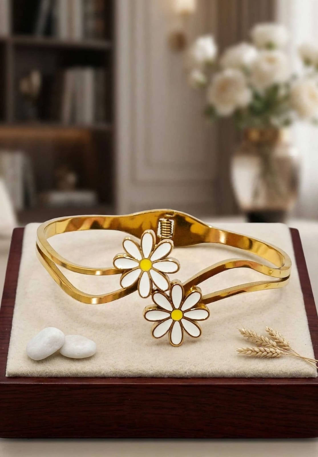 Double Daisy Gold Cuff Bracelet