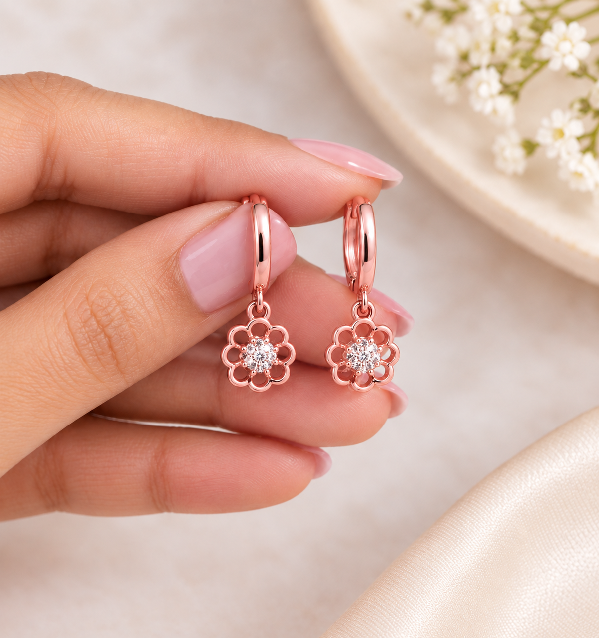 Rose-Gold Floral Charm Hoops
