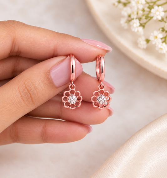 Rose-Gold Floral Charm Hoops