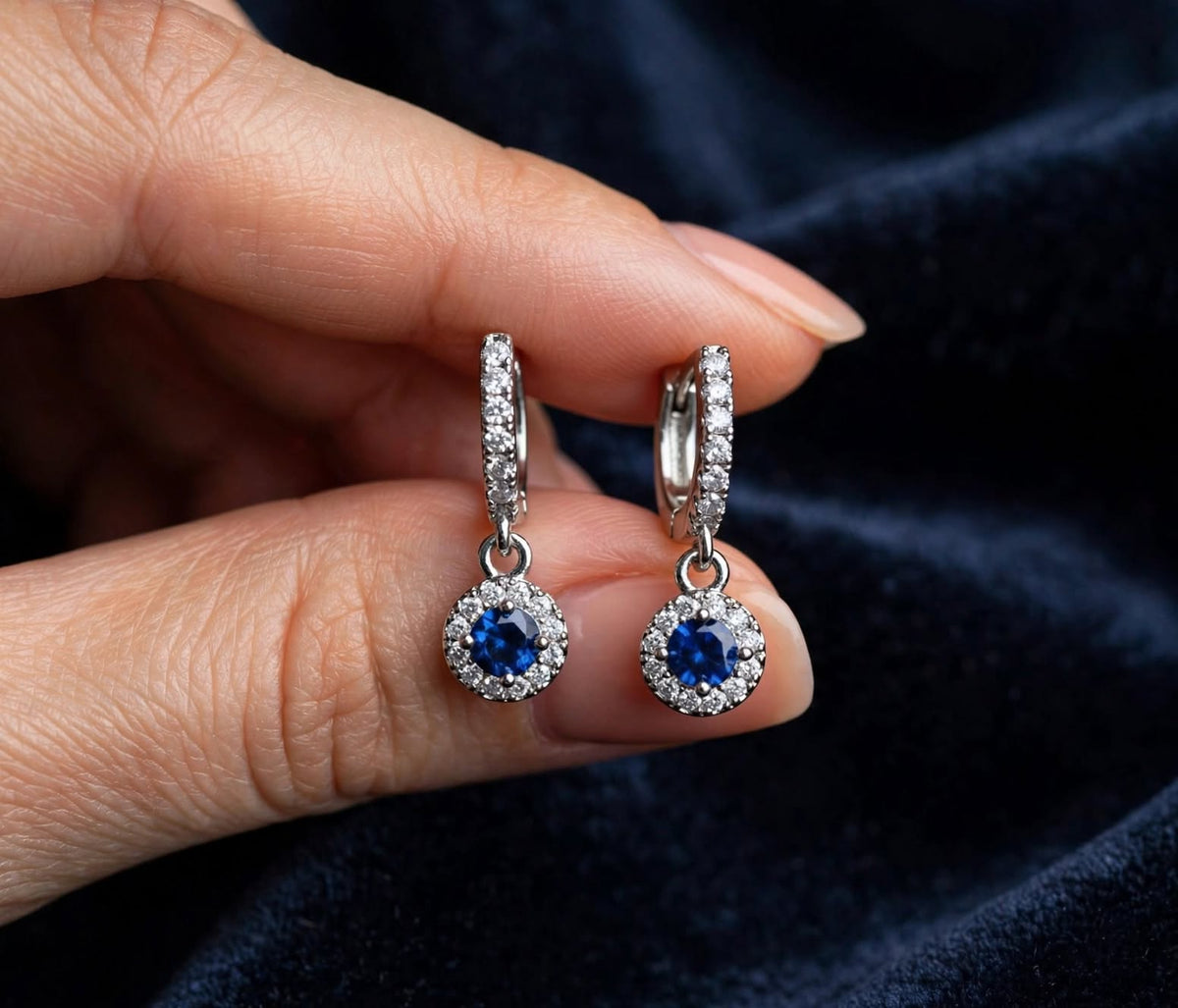 Luna Royal Blue Halo Drop Huggies - Silver | Tarnish-Free | Sapphire Halo Drop Huggies - Silver