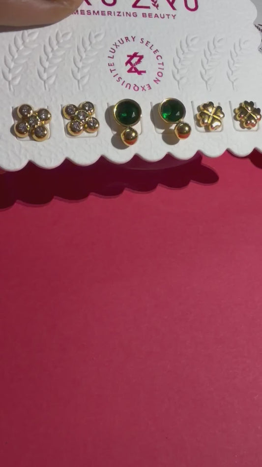 Lucky Trio Stud Earrings Set - Crystal Flower, Emerald Green & Gold Clover