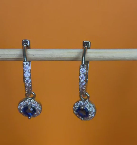 Luna Royal Blue Halo Drop Huggies - Silver | Tarnish-Free | Sapphire Halo Drop Huggies - Silver