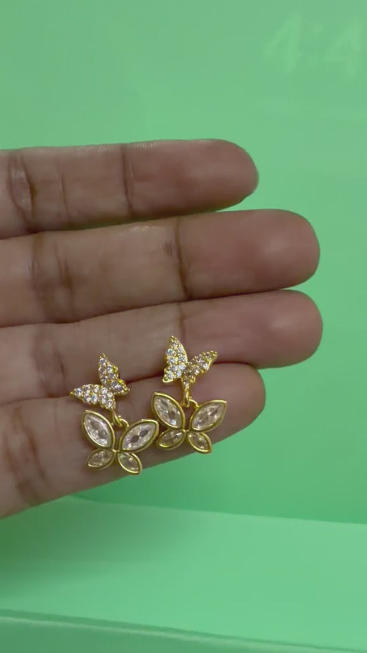 Golden Twin Butterfly Drop Earrings- CZ Studs