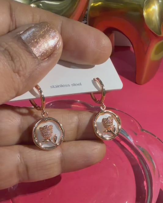 Rose Gold Tulip Huggie Earrings with Mother of Pearl