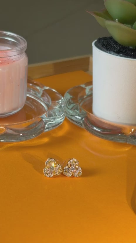 Trinity Bloom - Gold Plated Clover Stud Earrings with Baguette Zircons