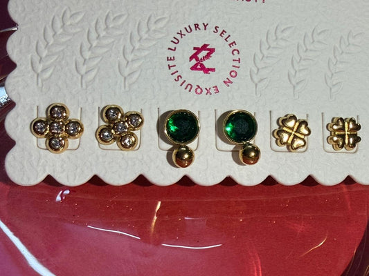 Lucky Trio Stud Earrings Set - Crystal Flower, Emerald Green & Gold Clover