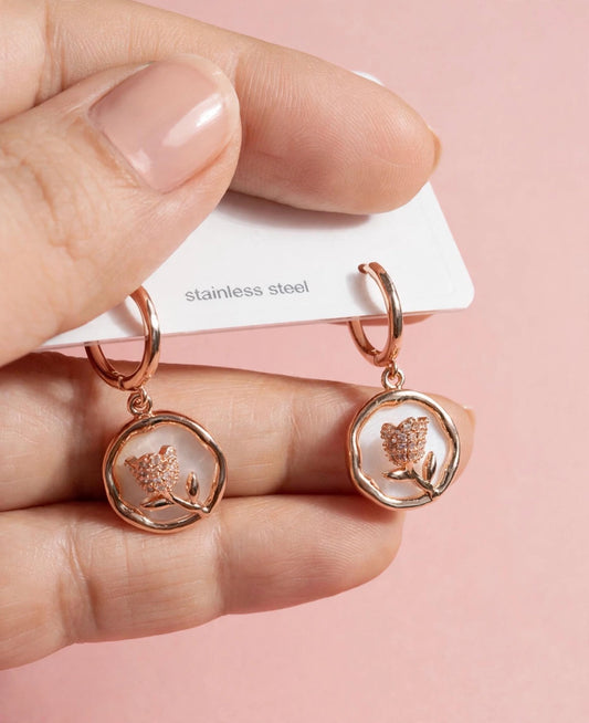 Rose Gold Tulip Huggie Earrings with Mother of Pearl