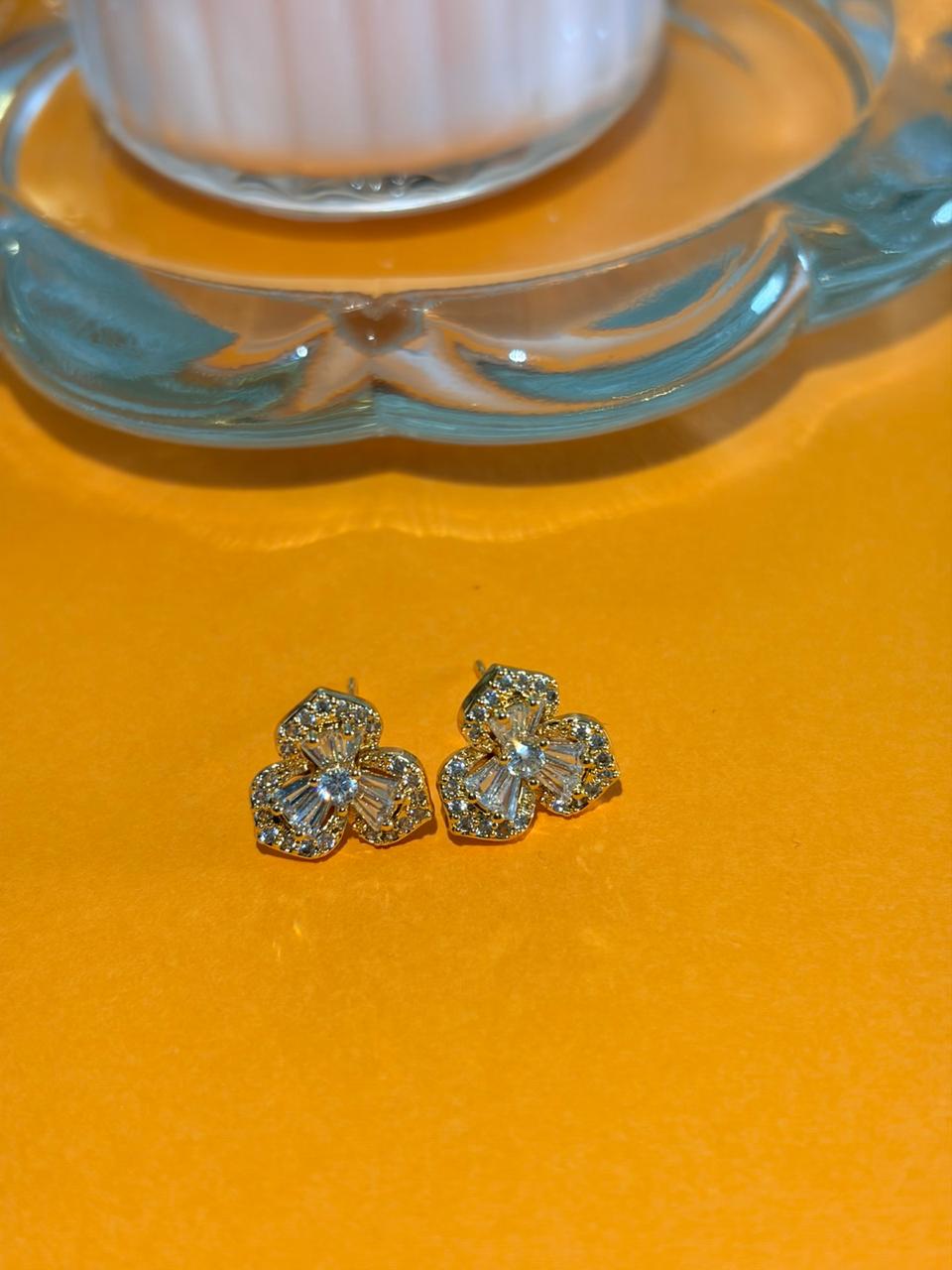 Trinity Bloom - Gold Plated Clover Stud Earrings with Baguette Zircons