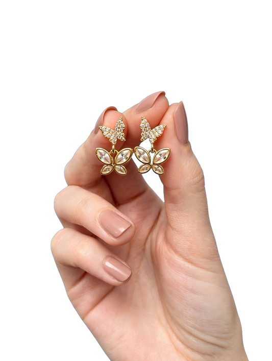 Golden Twin Butterfly Drop Earrings- CZ Studs